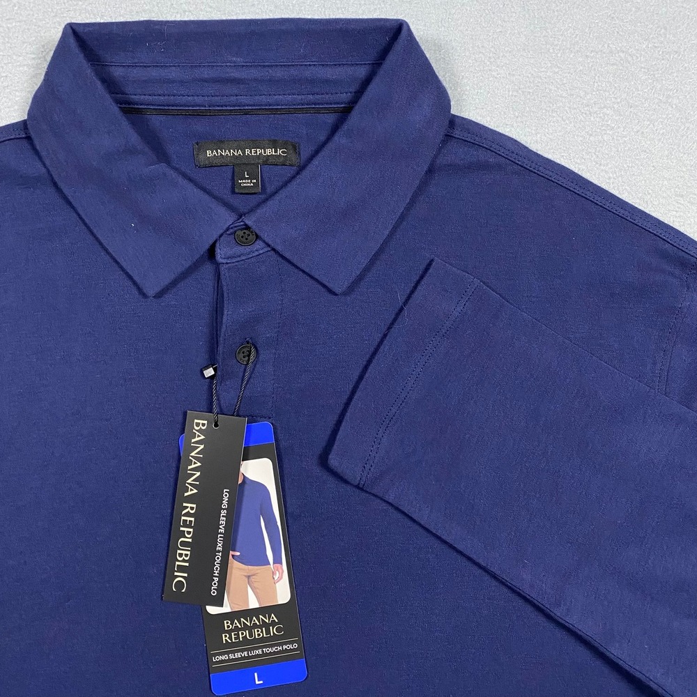 Banana Republic Mens Luxe Touch Long Sleeve Polo Shirt Navy Blue Large NWT